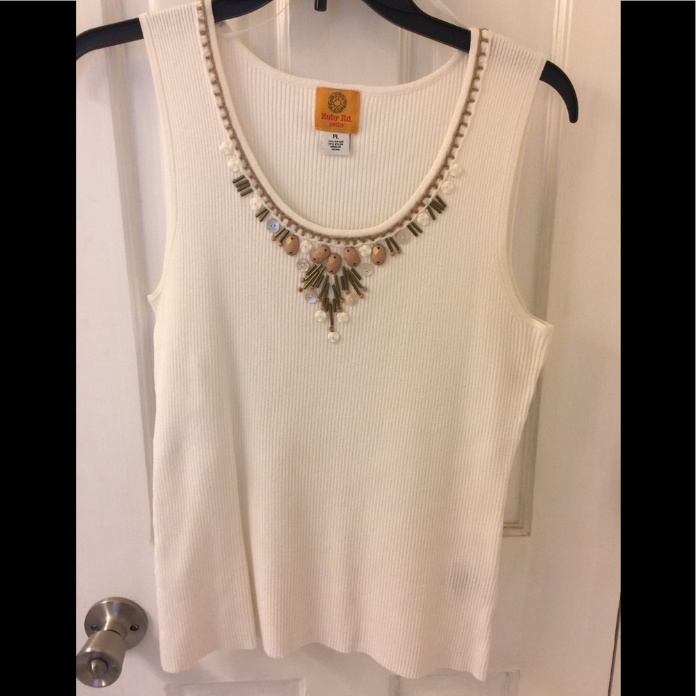 Ruby Rd. Sleeveless, beaded tank, white, Sz PL